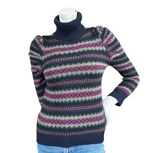 Autumn Cashmere Wool Blend Jacquard Navy Pink Puff Long Sleeve Turtleneck Sz XS